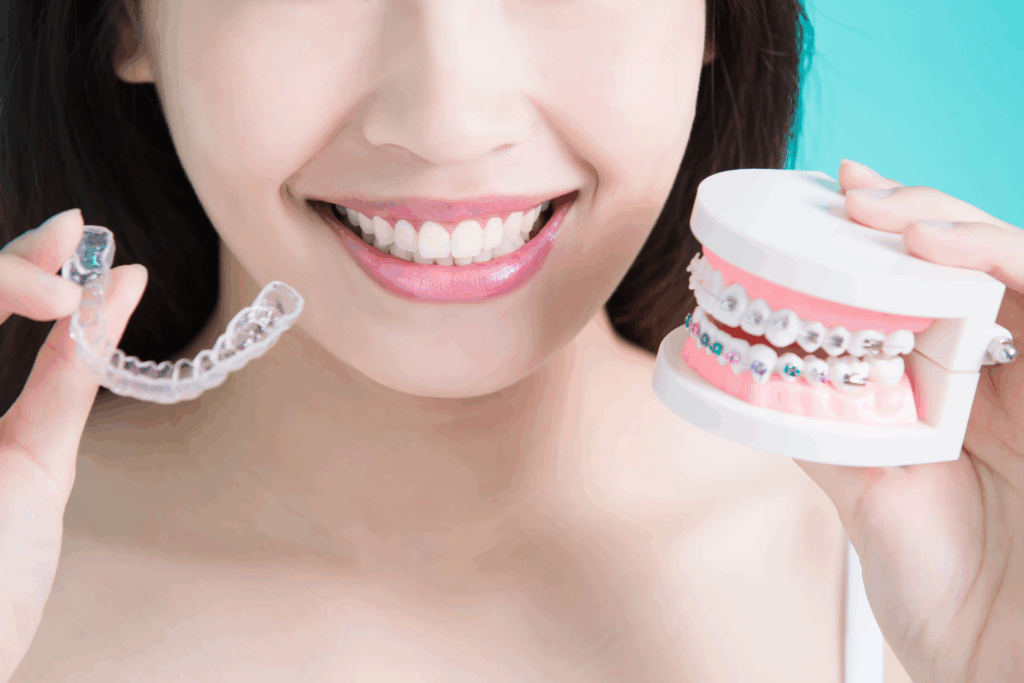 A close-up of a smiling woman holding both a clear aligner and a model of metal braces.